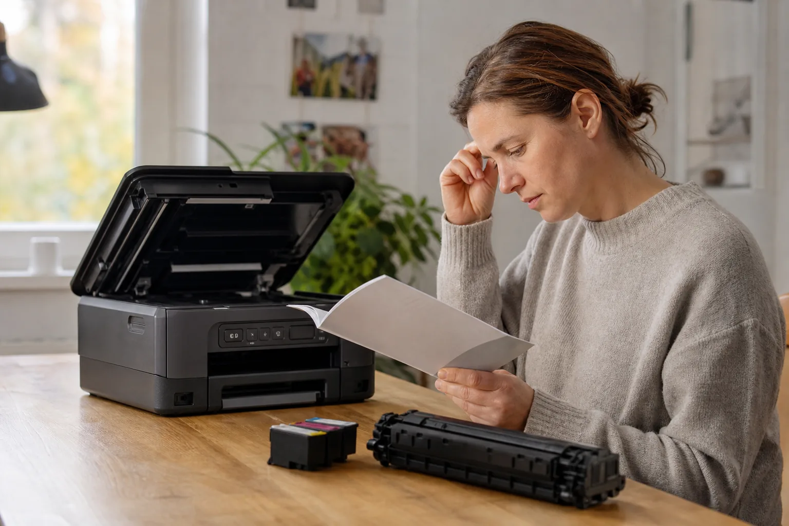 Canon PG-545 och CL-546 bläckpatroner bredvid en bläckstråleskrivare