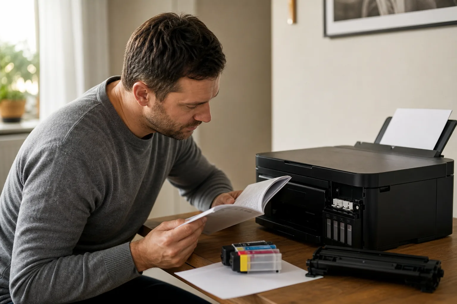 Epson 603-bläckpatroner i flera färger bredvid en bläckstråleskrivare
