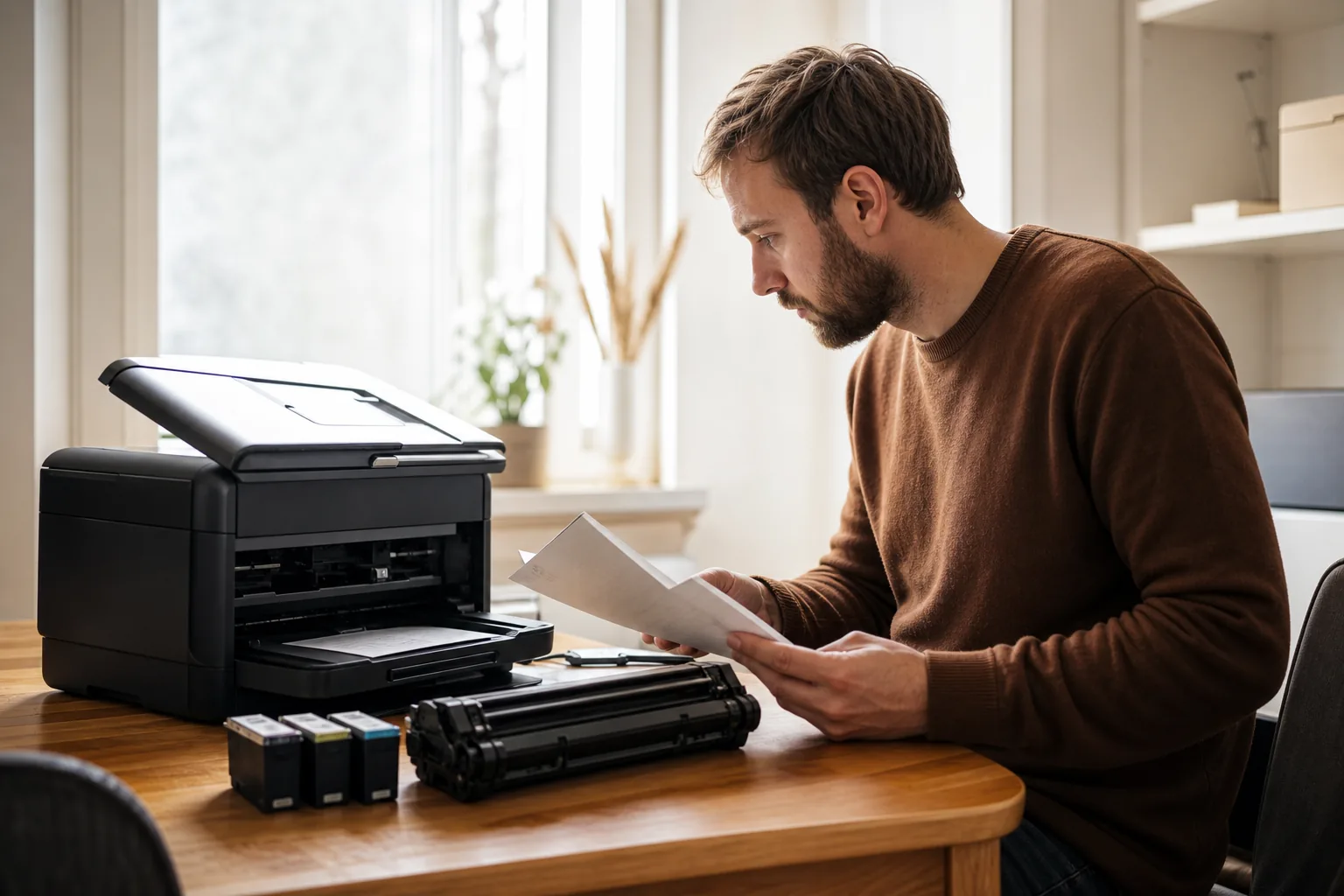 Epson-bläckpatroner i olika färger bredvid en bläckstråleskrivare