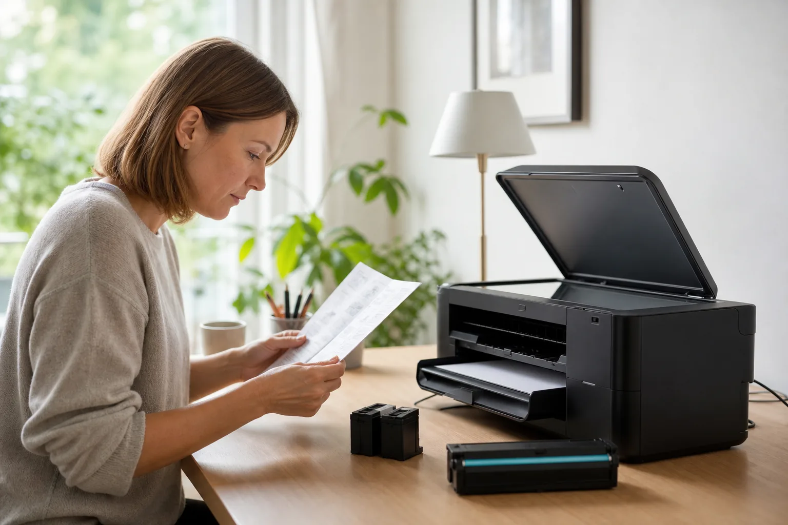 HP-bläckpatroner i svart och färg bredvid en bläckstråleskrivare