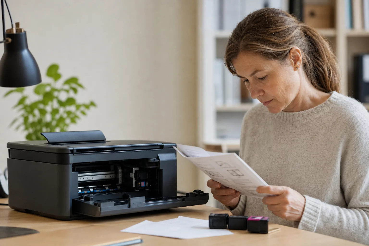 HP 305-bläckpatroner i svart och färg bredvid en bläckstråleskrivare
