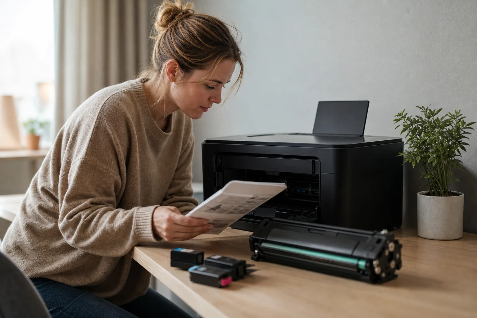 HP-bläckpatroner uppradade bredvid en bläckstråleskrivare