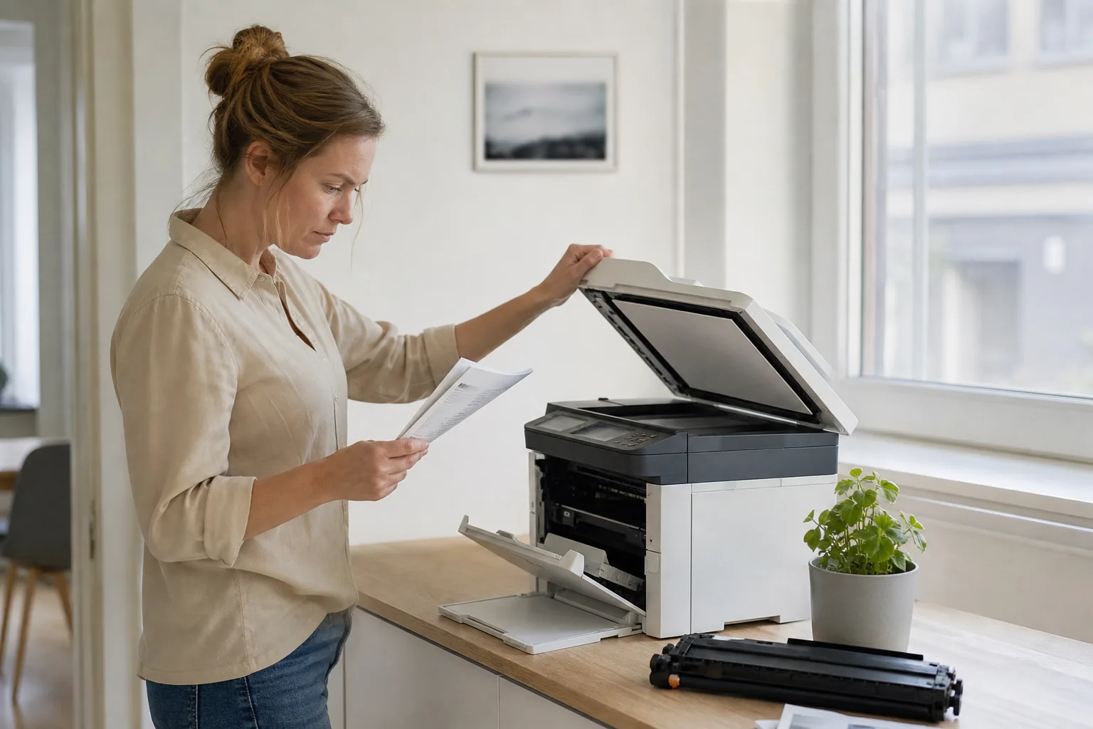 Tonerkassett till en Xerox-skrivare med etikett synlig