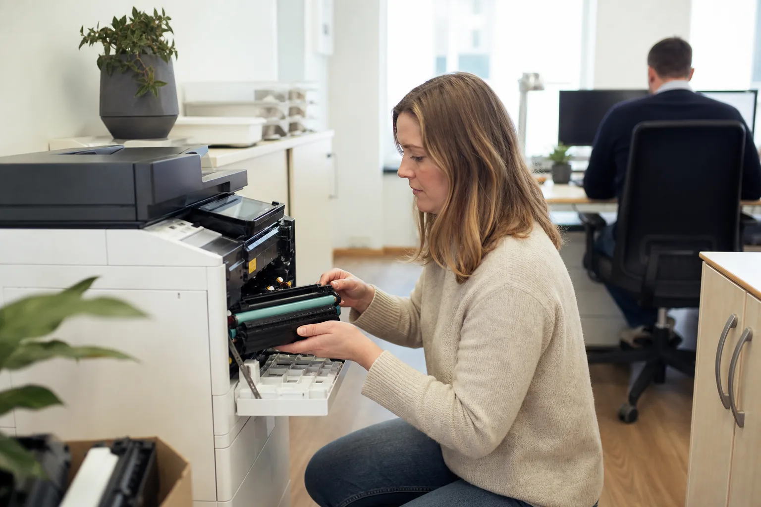 Person går igenom en lagerlista med patroner och toner bredvid en kontorsskrivare